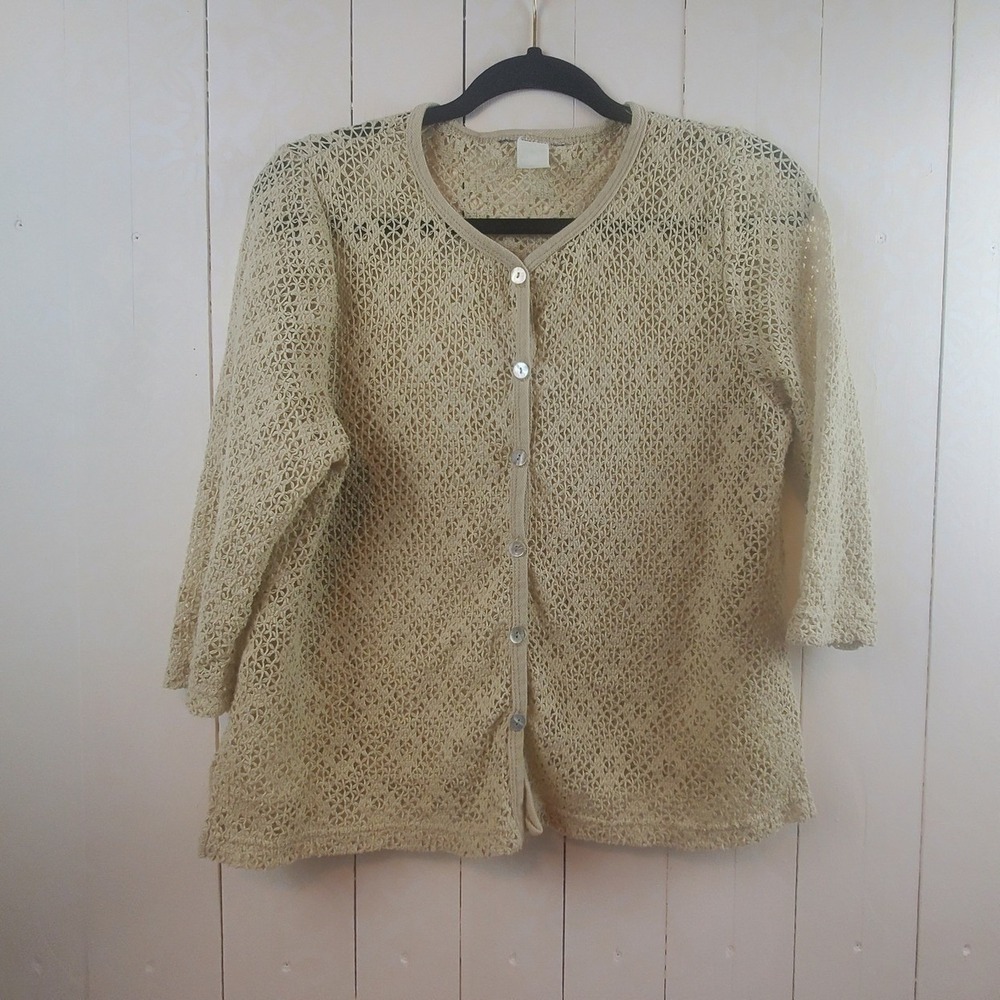 Cream Open Knit Crochet Button Front Cardigan 3/4 Sleeve Off White Boho Top